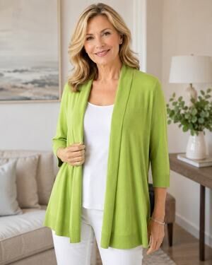 Chico's Size 0 Lime Green Open Front Cardigan Sweater 3/4 Sleeve Rayon Blend